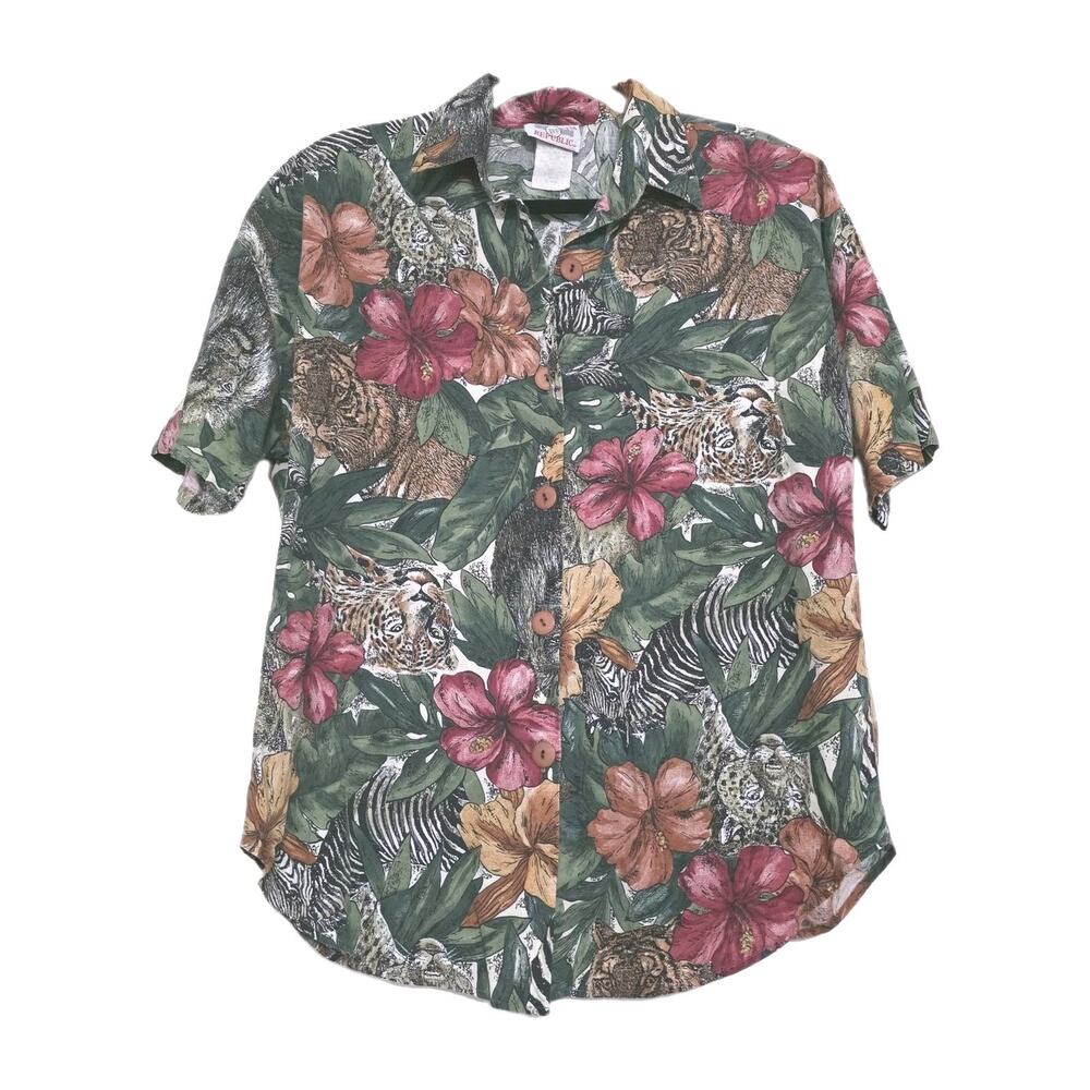 Vintage Tropical Floral Safari Print Button Up Top Women M Lion Tiger Artsy Boho